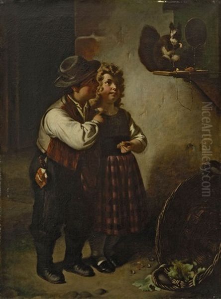 Zwei Kinder Mit Eichhornchen Oil Painting by Carl Adolf Gugel