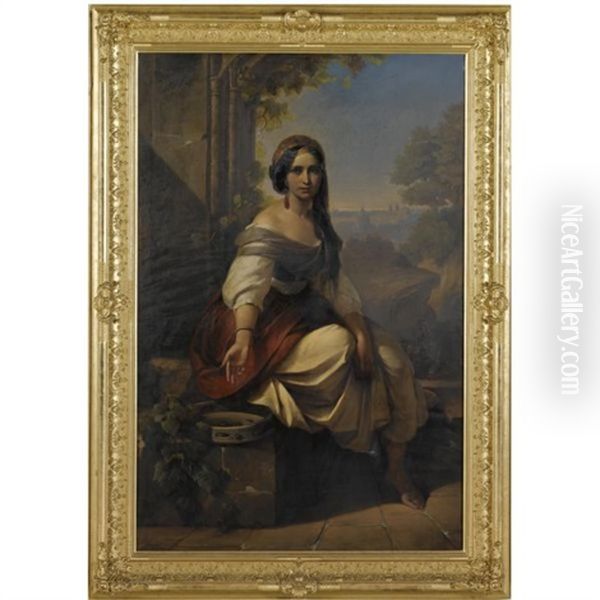 Portrait Of A Young Woman With A Tambourine Oil Painting by Carl Adolf Gugel