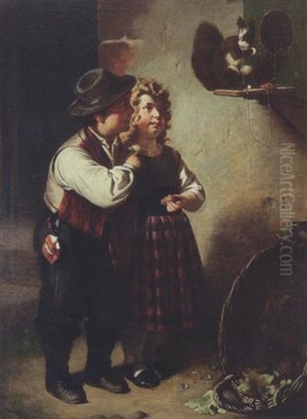 Geschwister Beim Futtern Eines Eichhornchens Oil Painting by Carl Adolf Gugel