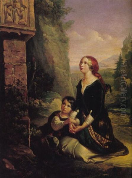 Vor Einem Marterl Am Wegrain Kniet Eine Junge Mutter Mit Kind Oil Painting by Carl Adolf Gugel