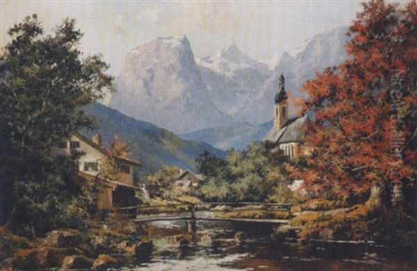 Partenkirche Vor Zugspitzmassiv Oil Painting by Theodor Otto Michael Guggenberger