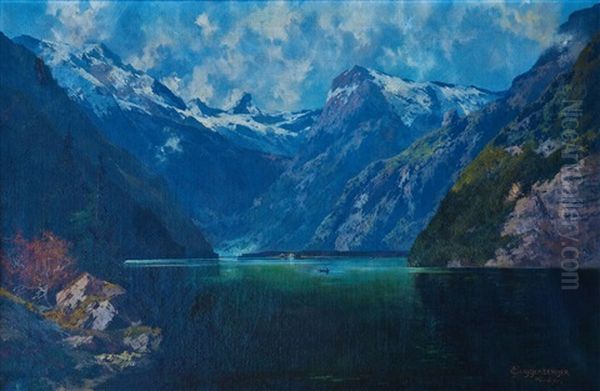 Idyllischer Blick Auf Den Konigssee Mit Kloster St. Bartoloma Oil Painting by Thomas Guggenberger