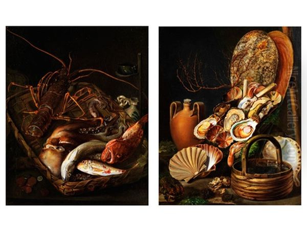 Fischstilleben Mit Hummer Sowie Muschelstilleben Mit Koralle (pair) Oil Painting by Gennaro Guglielmi