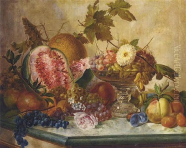 Grapes And Dates In A Glass Tazza, With Melons, Apples, Plums, Pears And Apricots On A Marble-topped Table Oil Painting by Gennaro Guglielmi