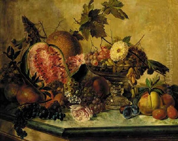 Grapes In A Glass Tazza With Melons, Apples, Plums, Pears And Apricots On A Marble Topped Table Oil Painting by Gennaro Guglielmi