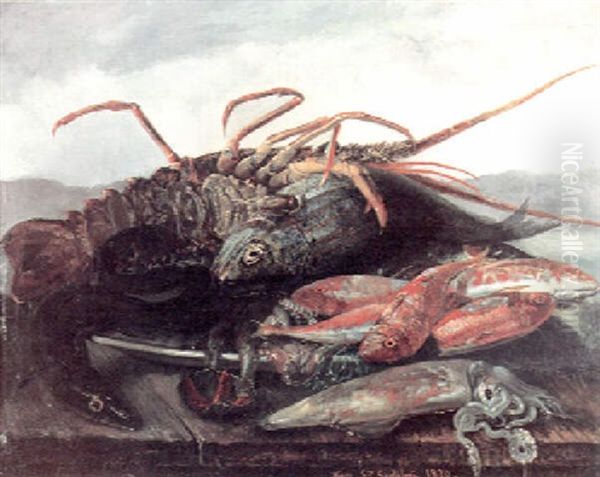 A Still Life With A Lobster, An Eel, A Squid And Fish On A Pier Oil Painting by Gennaro Guglielmi