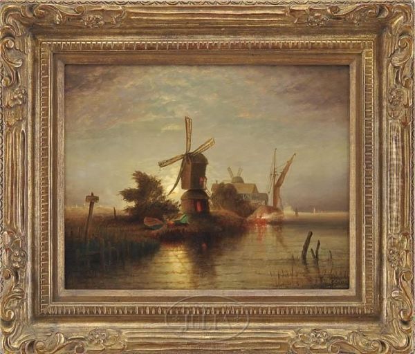 Windmills And Sails Along The Shore Oil Painting by Elisha (Taylor) Baker