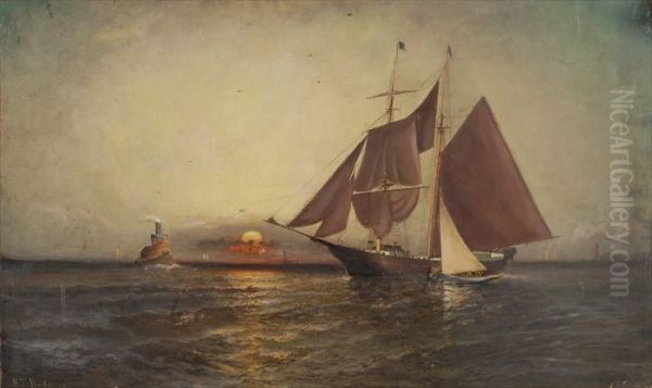 Ships Near Harbor Oil Painting by Elisha (Taylor) Baker