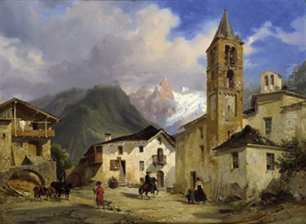 Ein Dorfplatz In Den Bergen Sudtirols Oil Painting by Jacques Guiaud