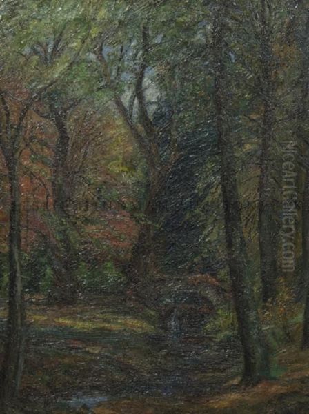 Forest Landscape With Bridge, Stream, And Swan Oil Painting by Elizabeth Gowdy Baker