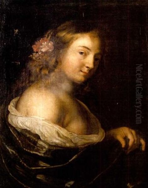 A Young Woman In A White Chemise And Dark Blue Shawl With Flowers In Her Hair Oil Painting by Domenico Guidobono