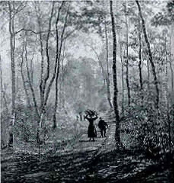 Woodgatherers On A Forest Path Oil Painting by Jules Guiette