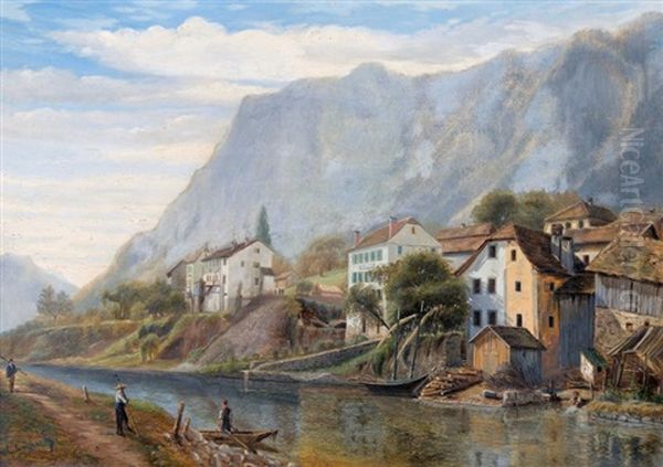 Flussufer Mit Ortschaft Oil Painting by Alexandre Gaston Guignard