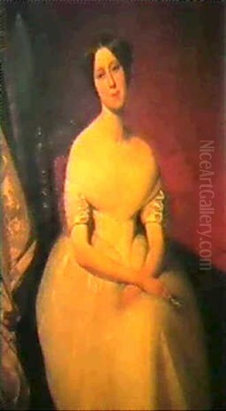 Jeune Femme Tenant Un Face A Main  Portrait   D'homme Debout En Habit Noir Oil Painting by Jean (Baptiste) Guignet