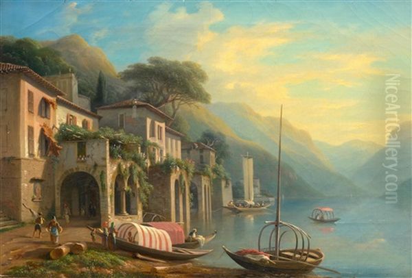 Lake Landscape In Northern Italy, With Houses And Boats Oil Painting by Charles Louis Guigon