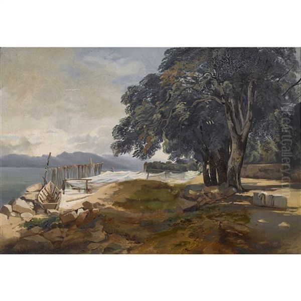 Seeuferlandschaft Mit Fischernetzen Oil Painting by Charles Louis Guigon