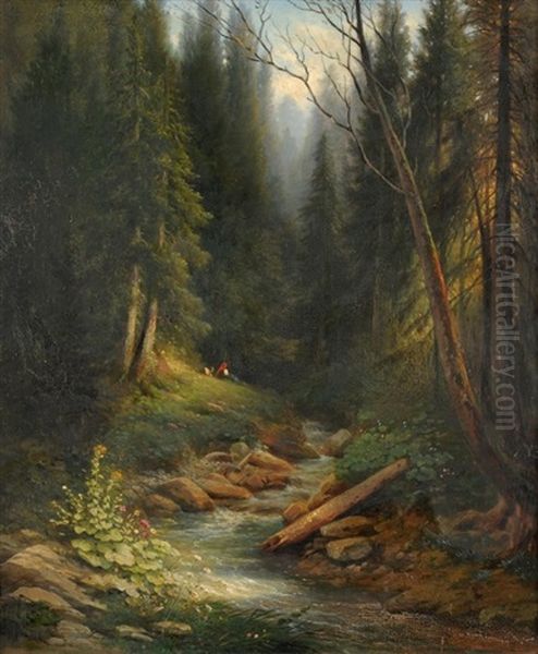 Ziegenhirtin In Einer Waldlichtung Mit Bach Oil Painting by Charles Louis Guigon