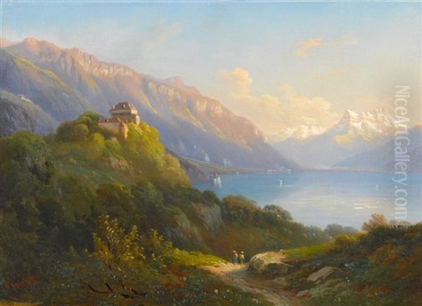 Les Chateaux Du Chatelard Et De Chillon Avec Dent Blanche Oil Painting by Charles Louis Guigon