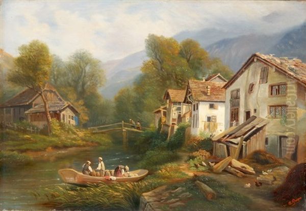 Geschaftiges Treiben Bei Den Hausern Am Fluss Oil Painting by Charles Louis Guigon