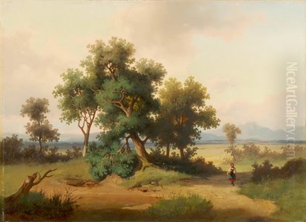 Weite Landschaft Mit Spaziergangerin Oil Painting by Charles Louis Guigon