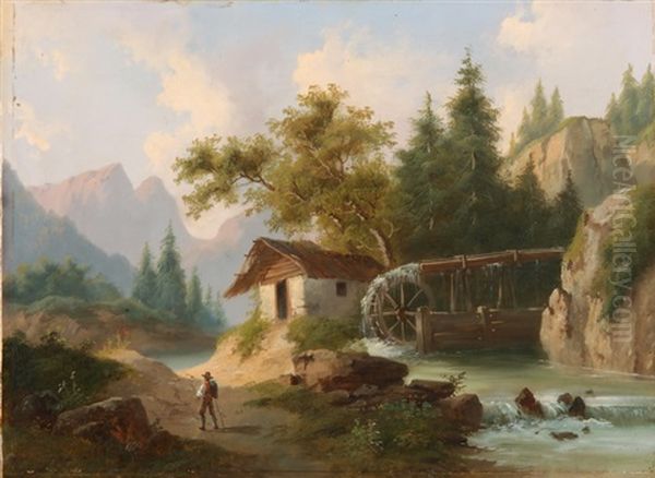 Wanderer Vor Wassermuhle Am Gebirgsbach Oil Painting by Charles Louis Guigon