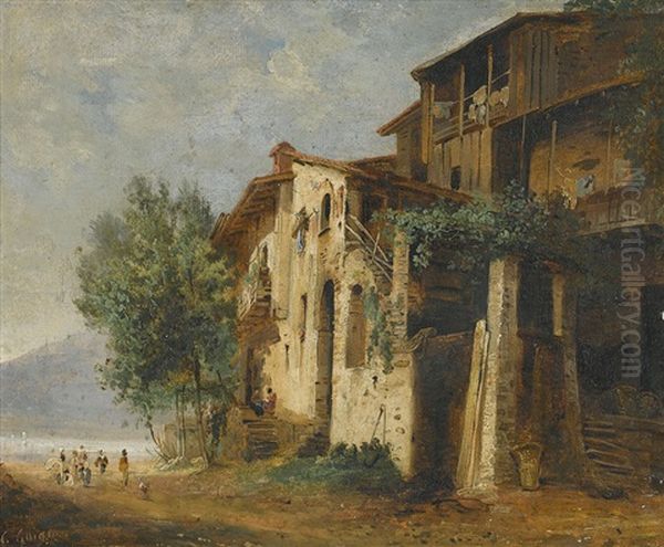 Haus Am Seeufer Mit Staffage Oil Painting by Charles Louis Guigon