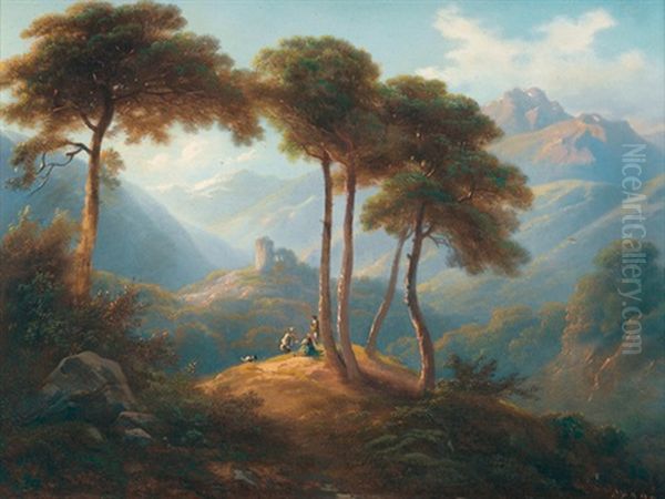 Hugelige Landschaft Im Abendrot Mit Staffage Oil Painting by Charles Louis Guigon