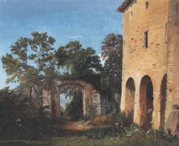 Vue De L'entree Du Chateau De Marilly Pres D'evian Oil Painting by Charles Louis Guigon