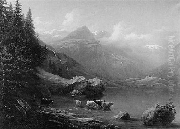 Gebirgslandschaft Mit Kuhen An Einem See Oil Painting by Charles Louis Guigon