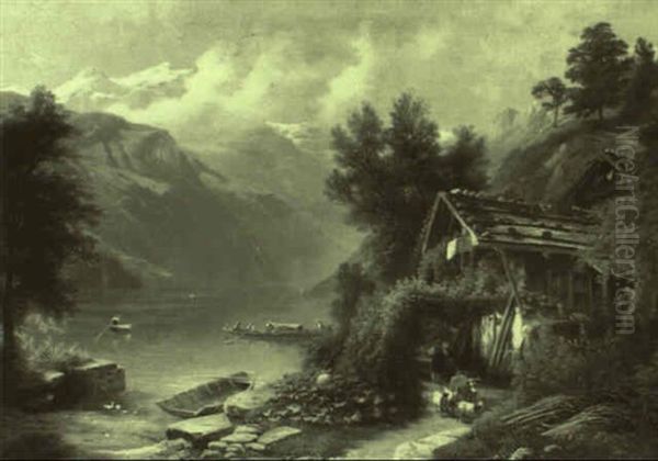 Bauernhaus An Einem Gebirgssee Oil Painting by Charles Louis Guigon