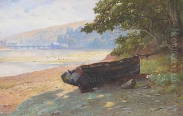 A Boat On The Shore At Low Tide, Possibly Cornwall Oil Painting by Frederick W. Baker