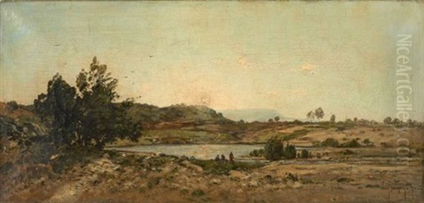 Personnages Au Bord De La Durance Dans Un Paysage Pres De Cadenet, Vaucluse Oil Painting by Paul Camille Guigou