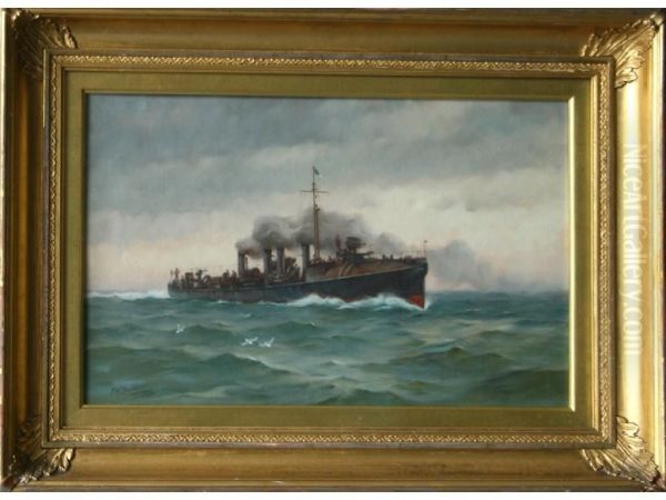 A Gunboat Under Full Steam Oil Painting by Frederick W. Baker