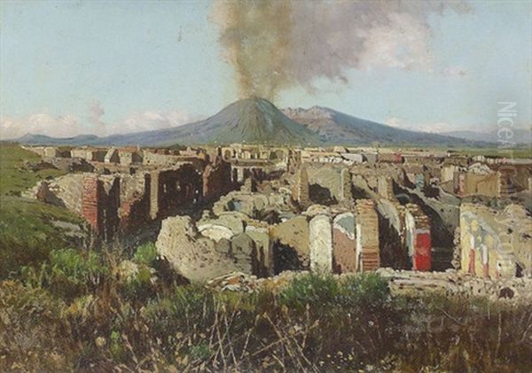 Die Ruinen Von Pompeji Mit Dem Vesuv Oil Painting by Paul Camille Guigou