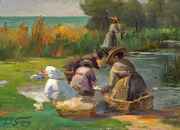 Women Washing Clothes By A Stream Oil Painting by Paul Camille Guigou