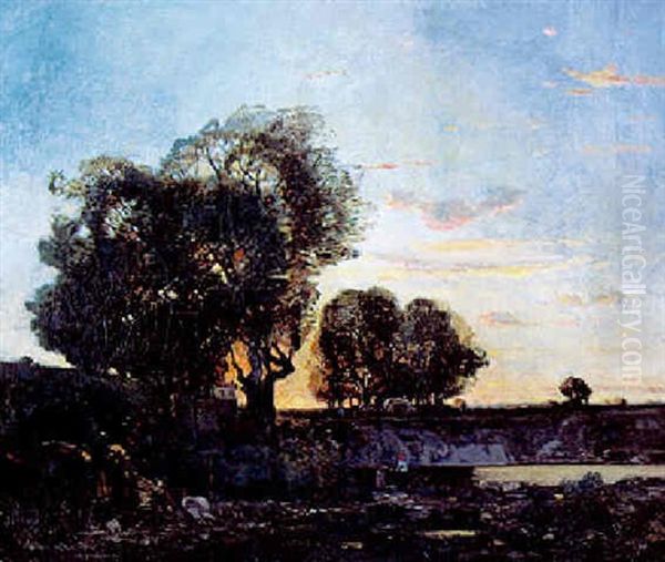 Les Deux Lavandieres, Soleil Couchant Oil Painting by Paul Camille Guigou