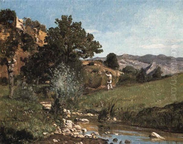 A Hunter In A Landscape Oil Painting by Paul Camille Guigou