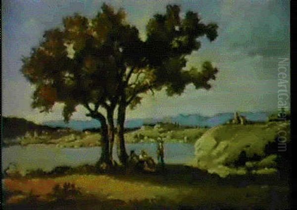 On The Banks Of The Durance By St. Paul With The Ruins Of   The Chateau De Cadarache Oil Painting by Paul Camille Guigou