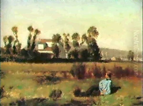 A Young Man Reclining In A Field By A Village Oil Painting by Paul Camille Guigou