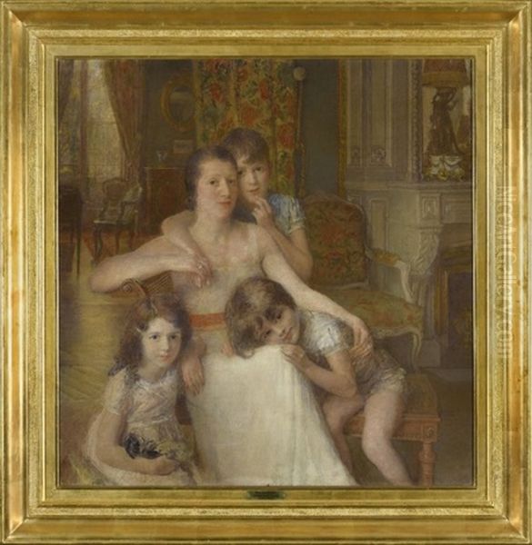 Madame Lionel-dupont Et Ses Trois Enfants Dans Le Salon Du Chateau De Varieca, 1936 Oil Painting by Francois Joseph Guiguet