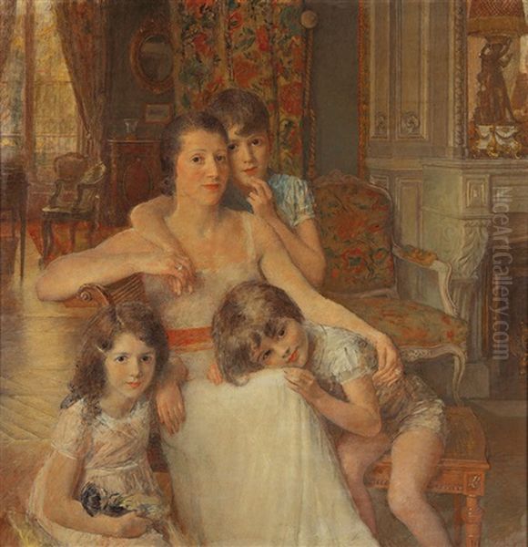 Portrait De Madame Dans Son Salon Avec Ses Enfants Oil Painting by Francois Joseph Guiguet