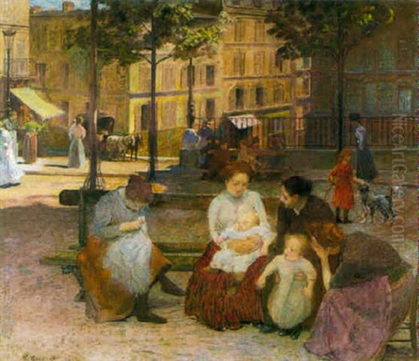 Jeunes Femmes Sur La Palce Ravignan A Montmartre Oil Painting by Francois Joseph Guiguet