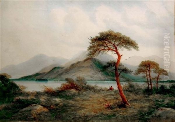 Scottish Lochscene With Fisherman And Wind Blown Pine Oil Painting by George Herbert Baker