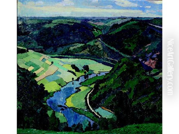 Ariel View Of A River And Rolling Green Landscape Oil Painting by Maurice Guilbert