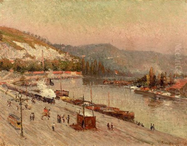 La Seine A Rouen Oil Painting by Narcisse Guilbert