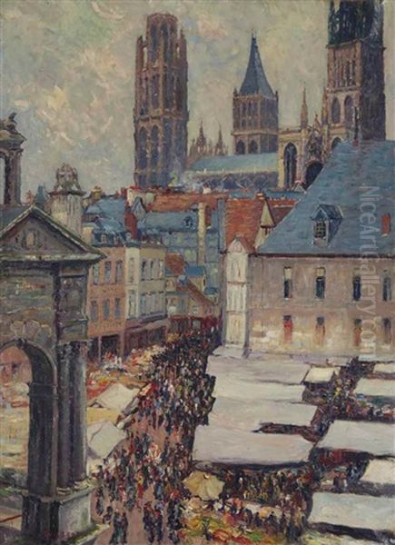 Place Du Marche A Rouen Oil Painting by Narcisse Guilbert