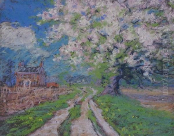 Country Home With Flowering Apple Tree Oil Painting by George Herbert Baker