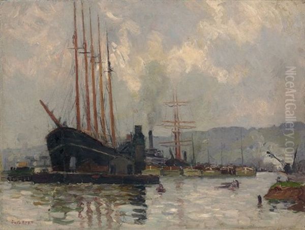 Bateaux Dans Le Port De Rouen Oil Painting by Narcisse Guilbert