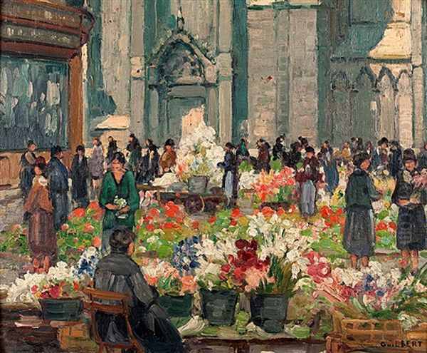 Le Marche Aux Fleurs Sur La Place De Rouen Oil Painting by Narcisse Guilbert