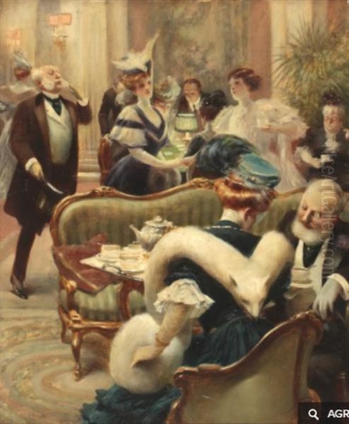 Reunion Dans Un Salon Parisien Oil Painting by Albert Guillaume